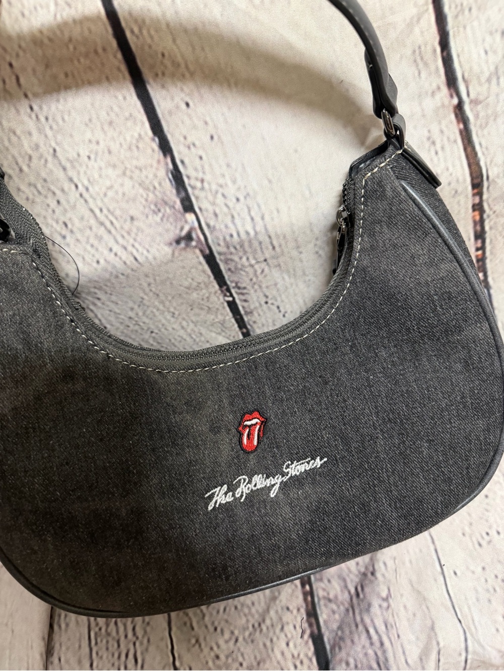 NWT Rolling Stones Patch Black Denim Small Hobo Bag - Picture 2 of 6